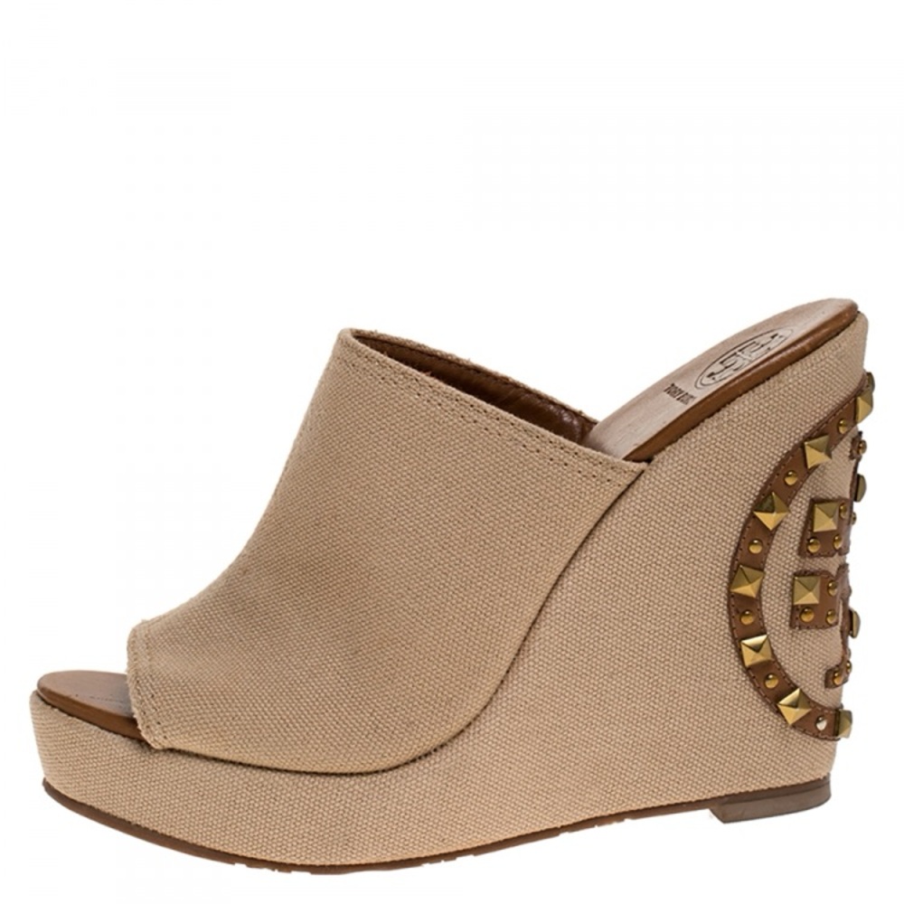 Tory Burch Tan Canvas Wedge Sandals